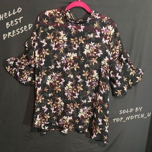 Black Sheer Floral Blouse With Layered Sleeves